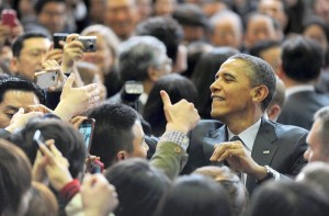 President Obama greets attendes after delivering remarks during a visit to Hankuk University of Foreign Studies in Seoul on March 26, 2012. (Image Source: LA Times)