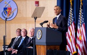 President Barack Obama speaks Dec. 3, 2012 along with Secretary of Defense Panetta, fmr. Sen. Sam Nunn, and Sen. Dick Lugar.