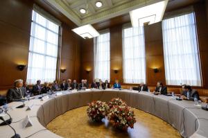Officials from the P5+1 countries meet with Iranian officials in Geneva on October 15 for negotiations on Iran's nuclear program. 