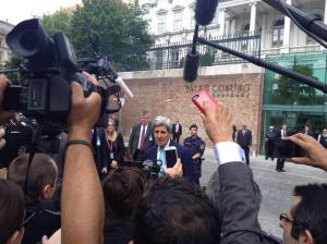Secretary of State John Kerry outside the Coburg Palace Hotel, Vienna
